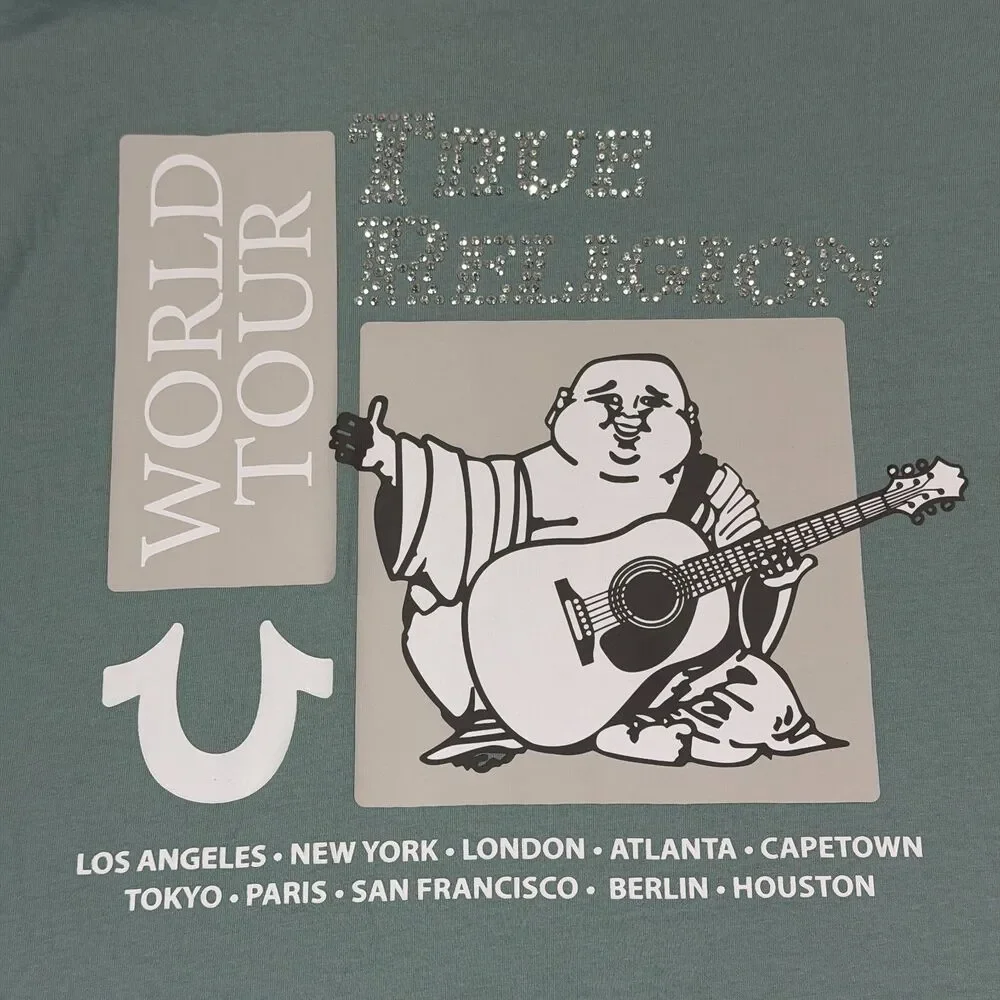 True Religion Men's Crystal Poster Buddha Tee Shirt Medium M Arona Green NWT